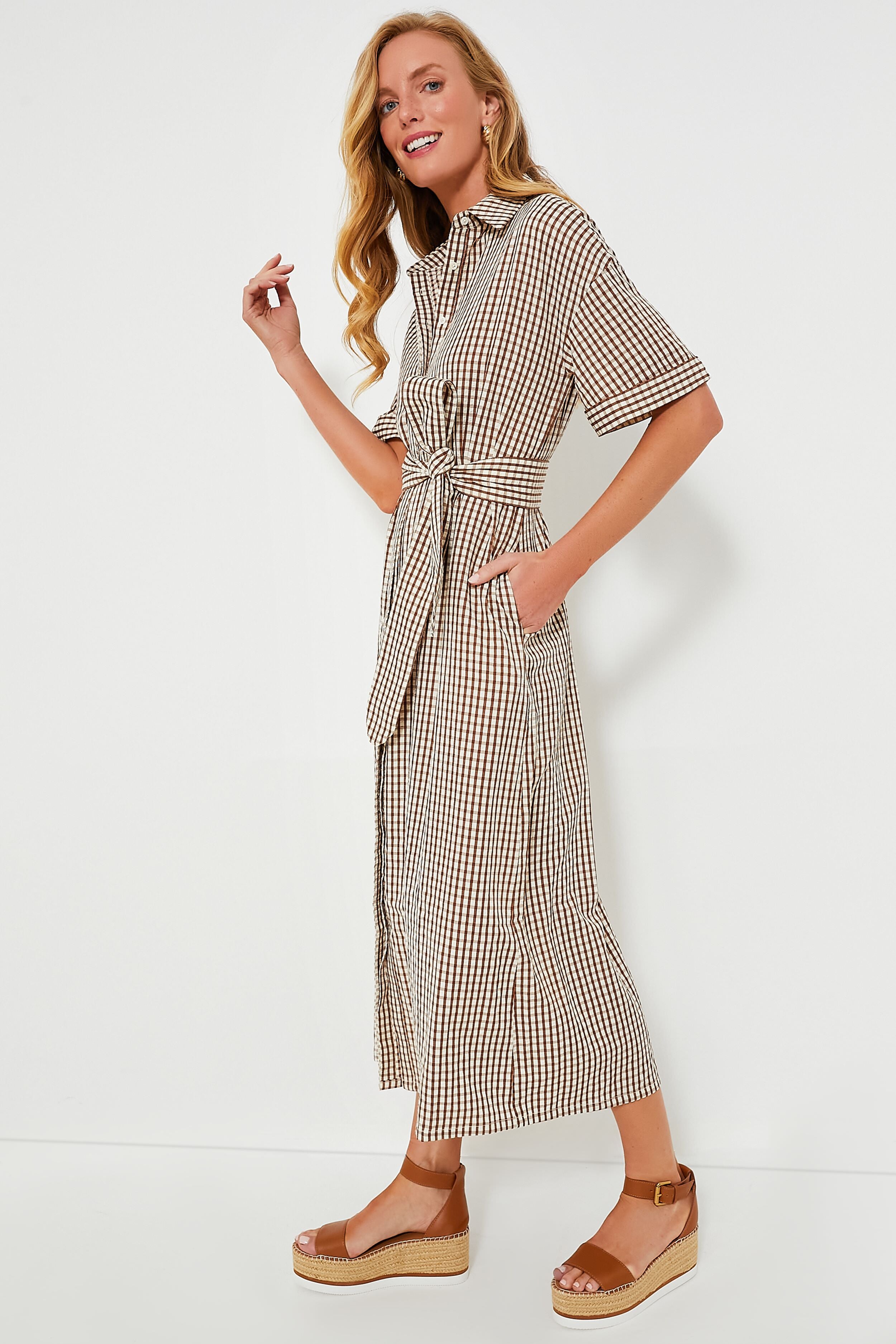 Brown Gingham Seersucker Zacara Dress-Get Girly