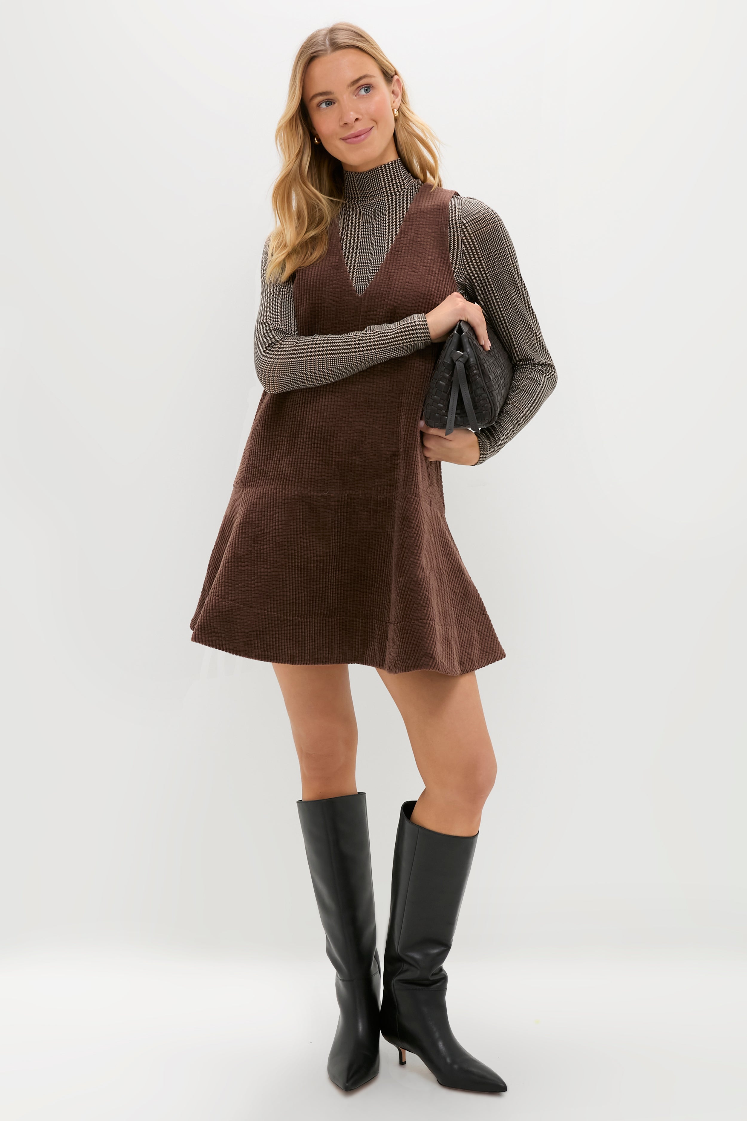 Chicory Coffee Seersucker Corduroy V-Neck Mini Dress-Get Girly
