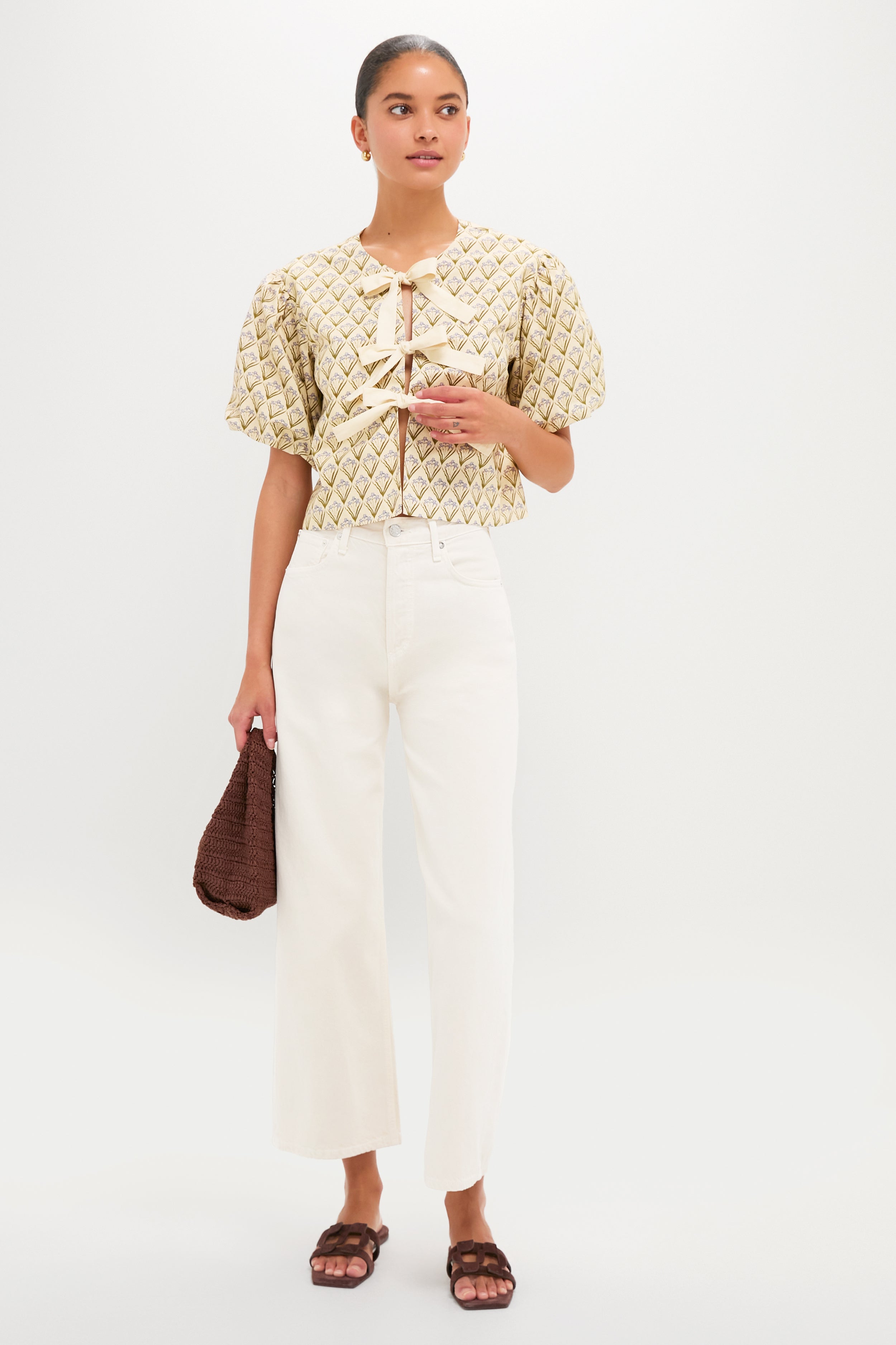 Beige Trellis Floral Tie Crossvine Blouse-Get Girly