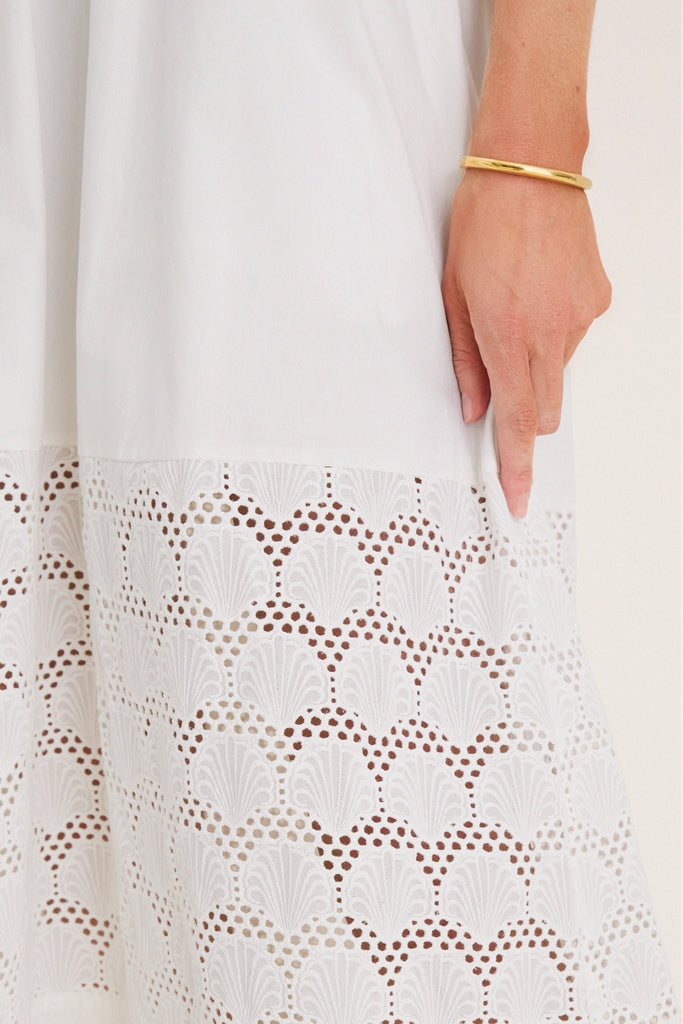 White Smocked Seashell Embroidery Harbor Dress-Get Girly