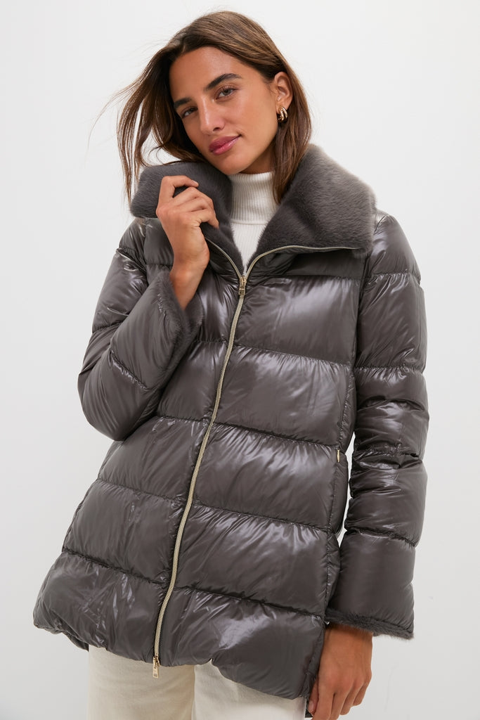 Anthracite Nylon Ultralight Mid-Thigh Jacket with Faux Fur Collar-Get Girly