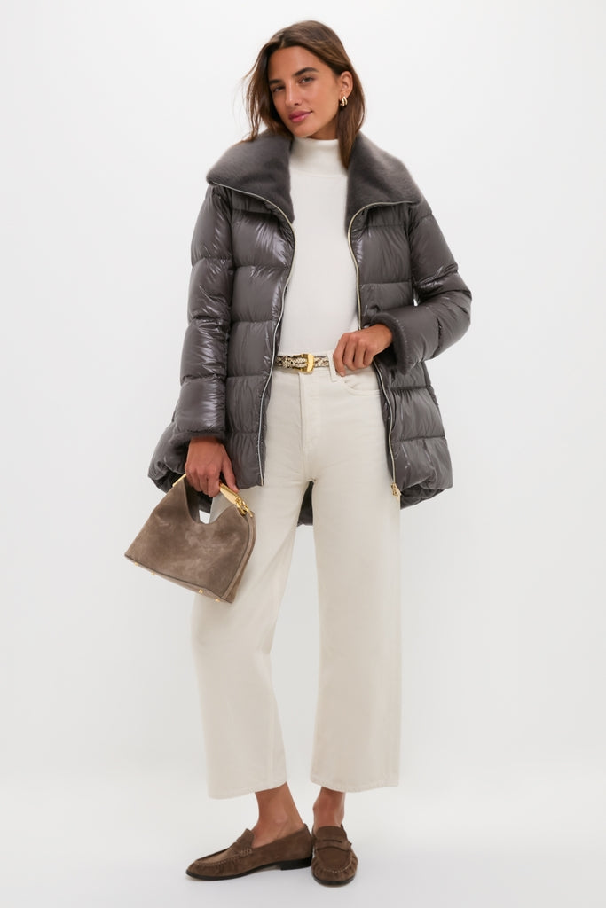 Anthracite Nylon Ultralight Mid-Thigh Jacket with Faux Fur Collar-Get Girly