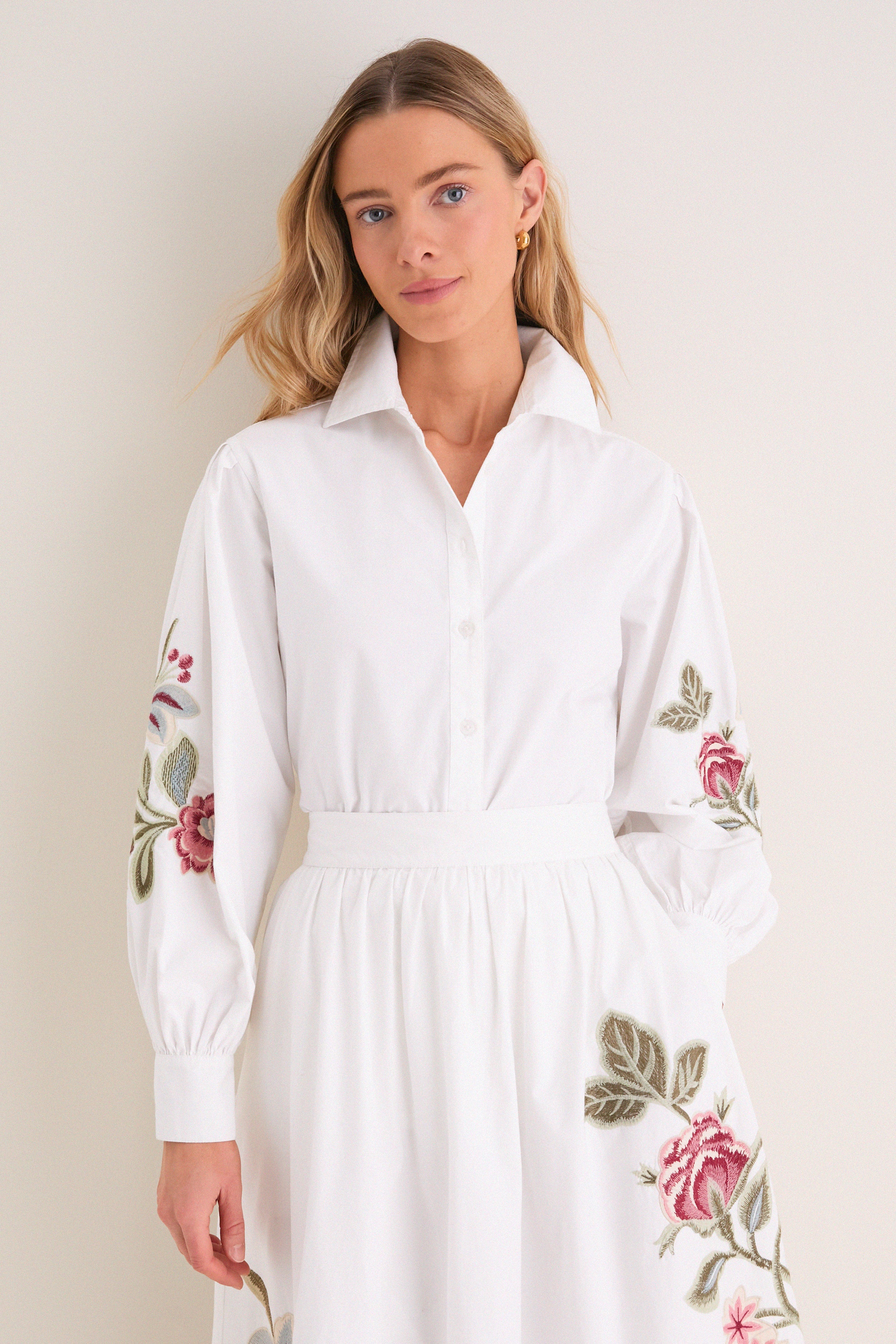 White Floral Embroidered Carolina Button Down-Get Girly