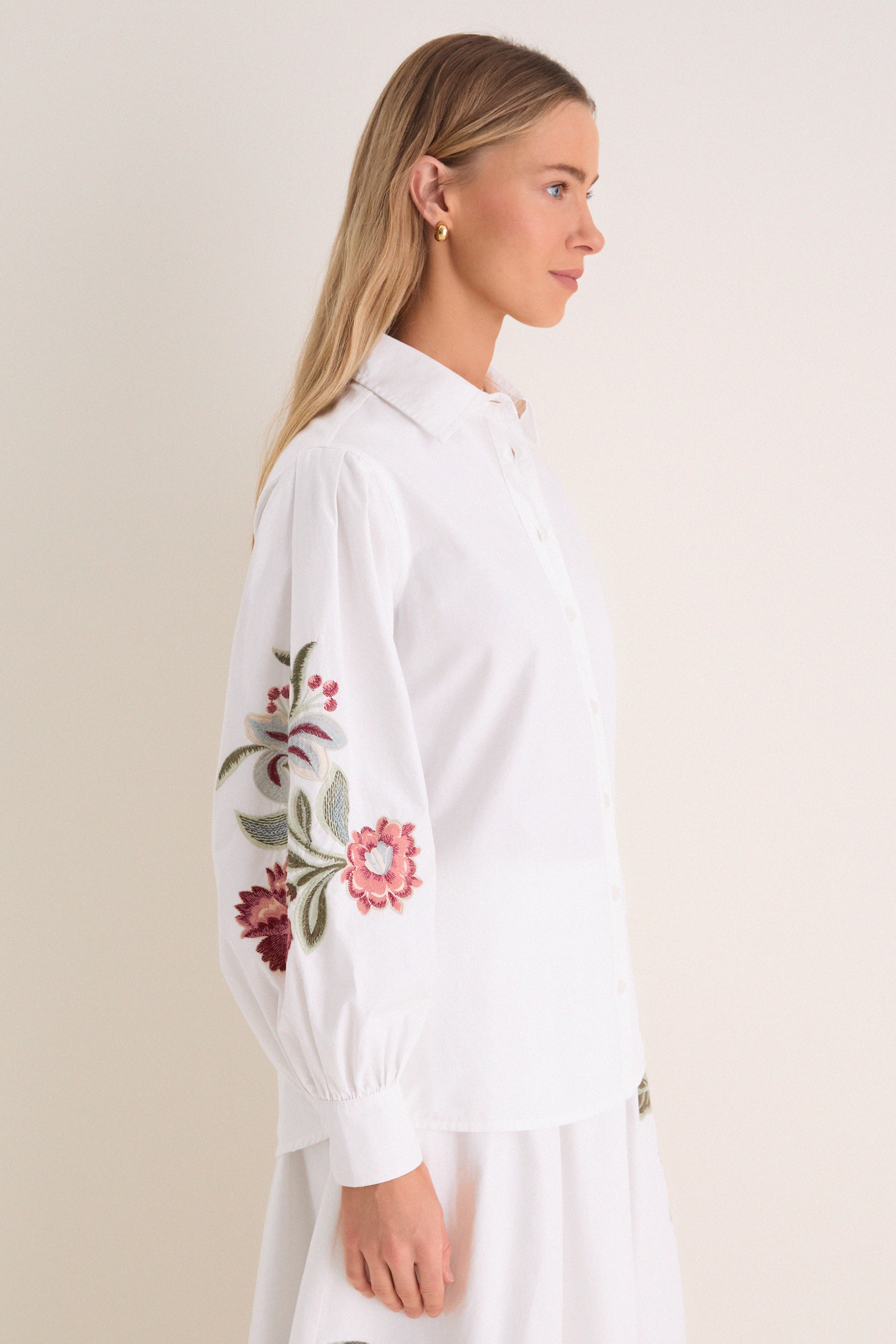 White Floral Embroidered Carolina Button Down-Get Girly