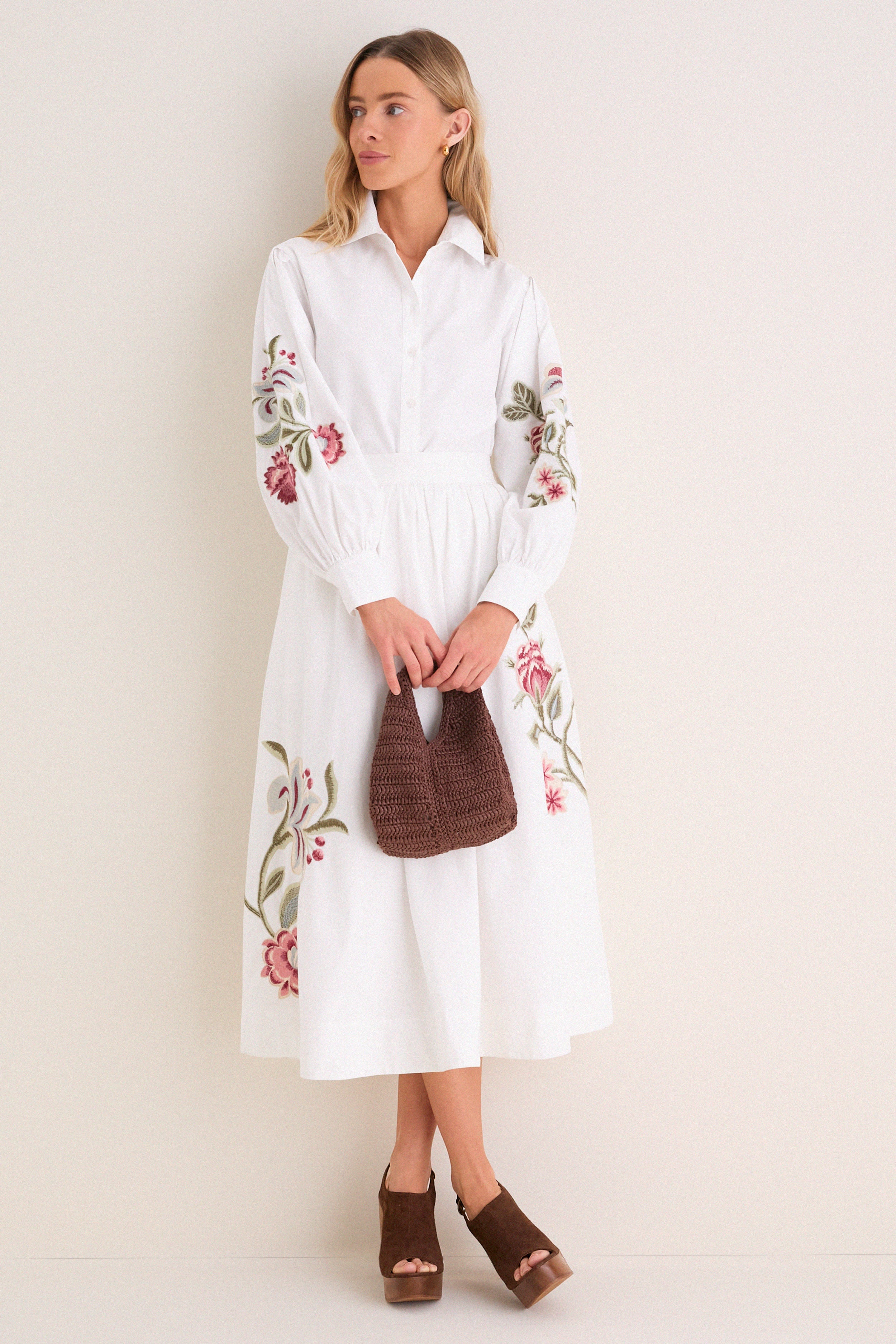 White Floral Embroidered Carolina Button Down-Get Girly