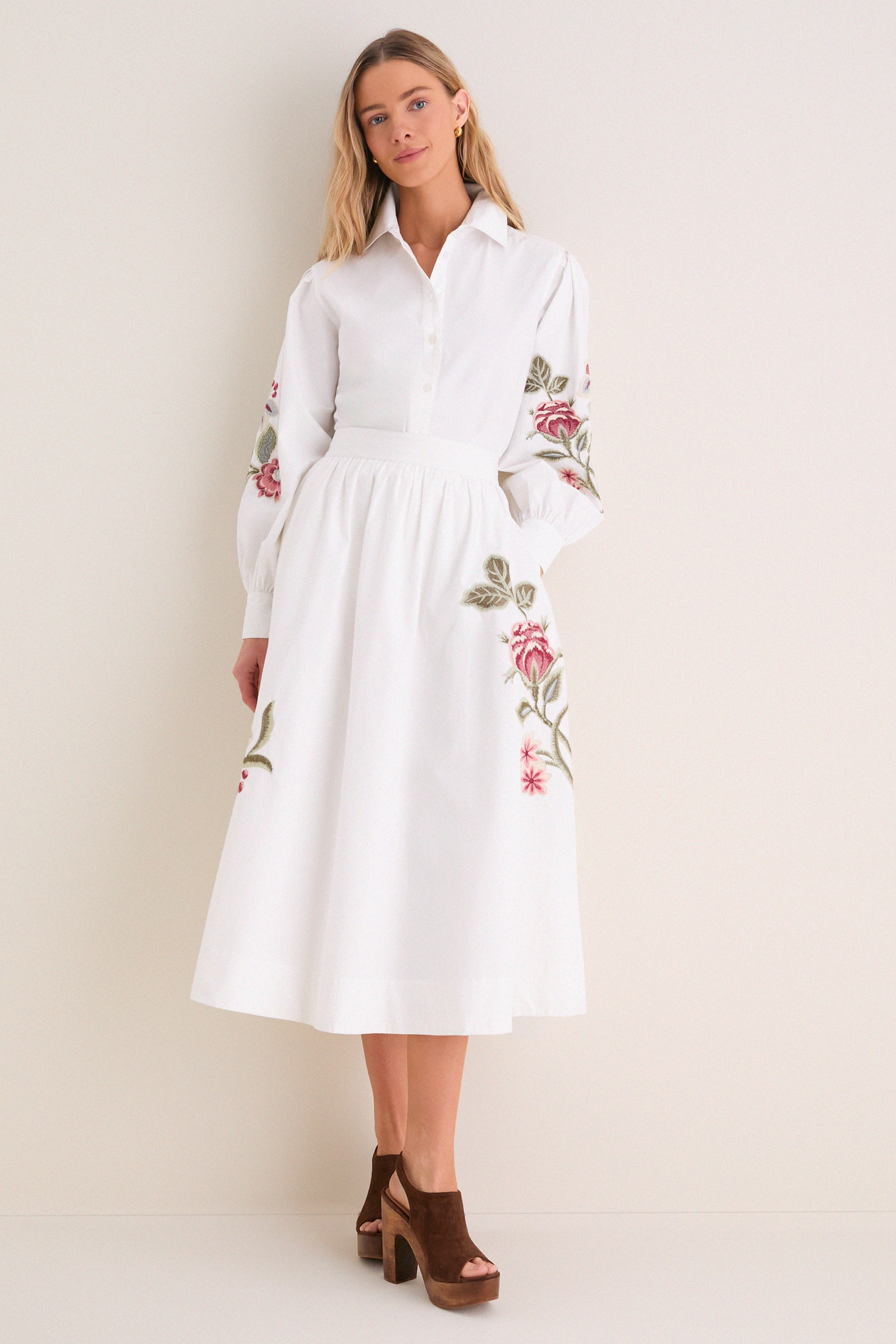 White Floral Embroidered Carolina Button Down-Get Girly