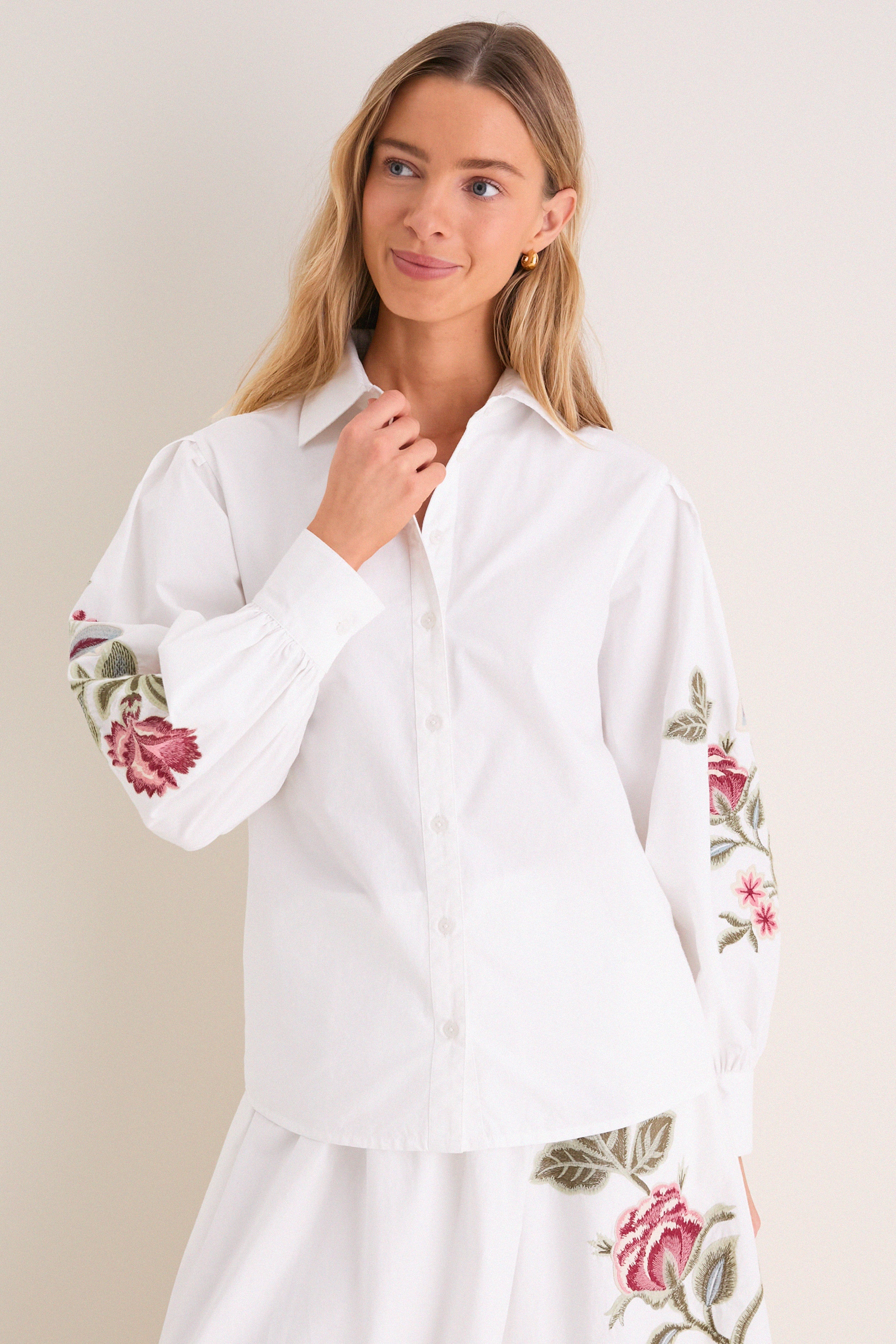 White Floral Embroidered Carolina Button Down-Get Girly