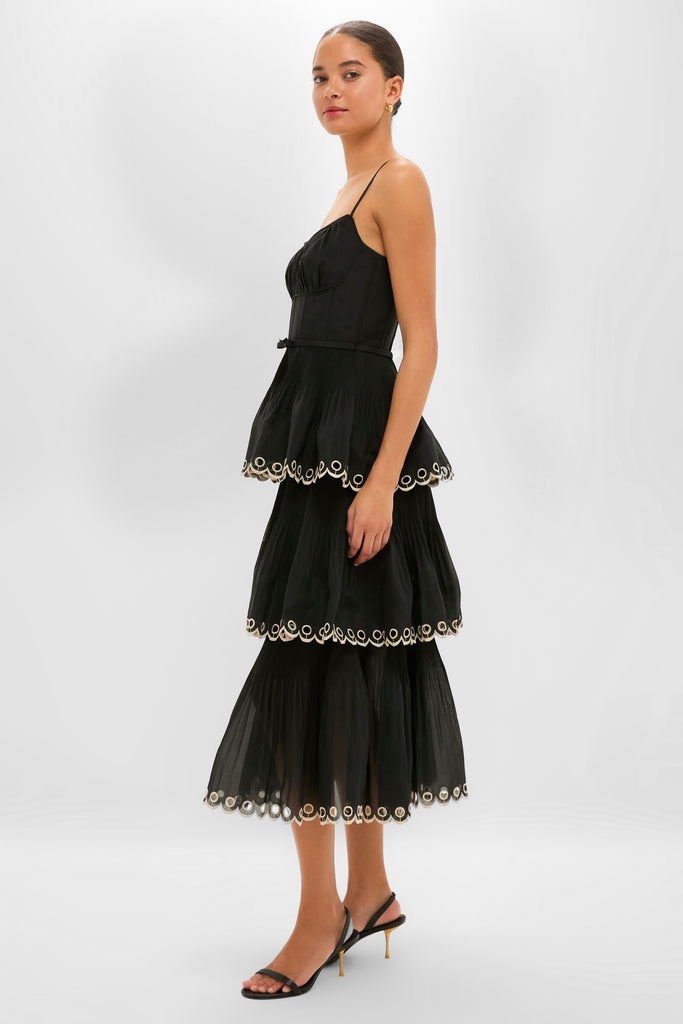 Black Embroidered Tiered Midi Dress-Get Girly