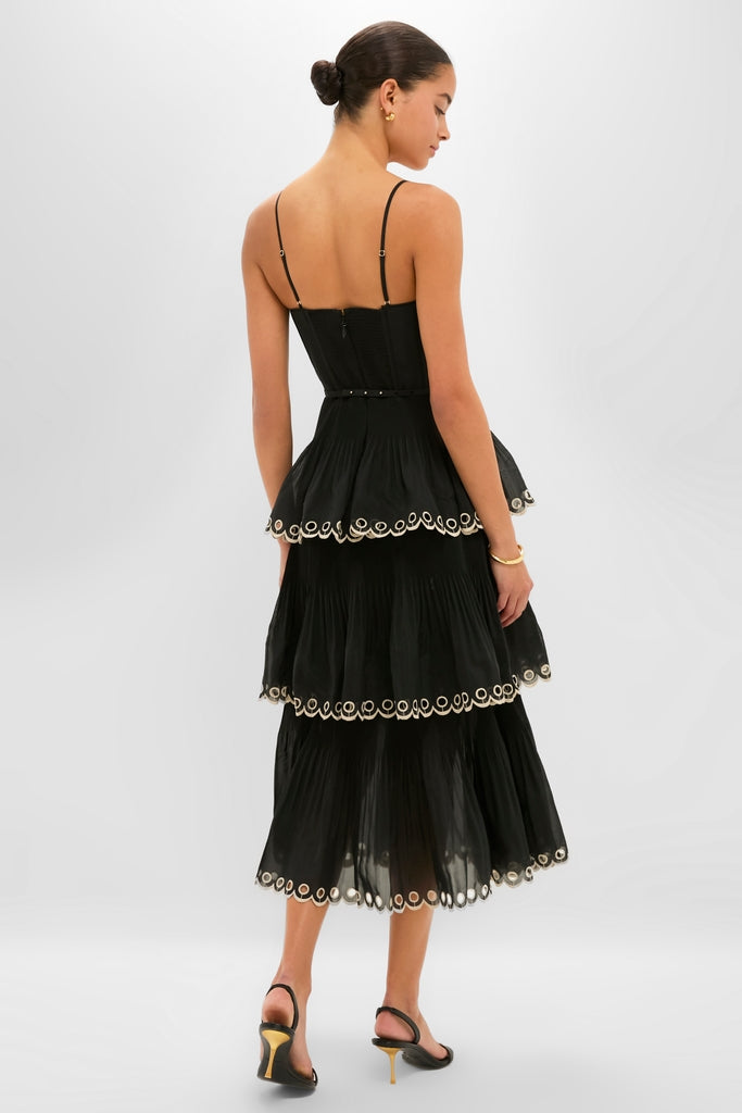 Black Embroidered Tiered Midi Dress-Get Girly