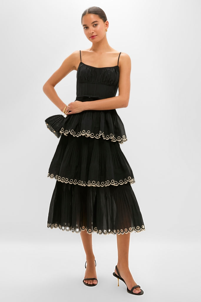Black Embroidered Tiered Midi Dress-Get Girly
