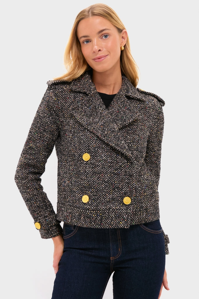 Black and Ivory Multi Tweed Xoey Cropped Trench-Get Girly