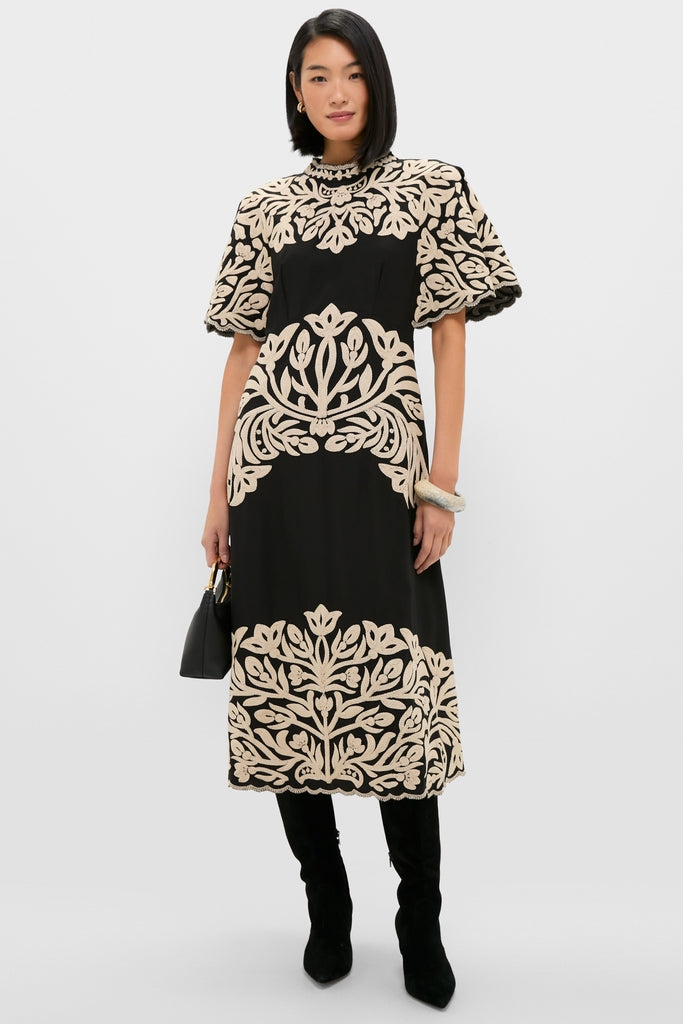 Black Alexandra Embroidery Short Sleeve Midi Dress-Get Girly