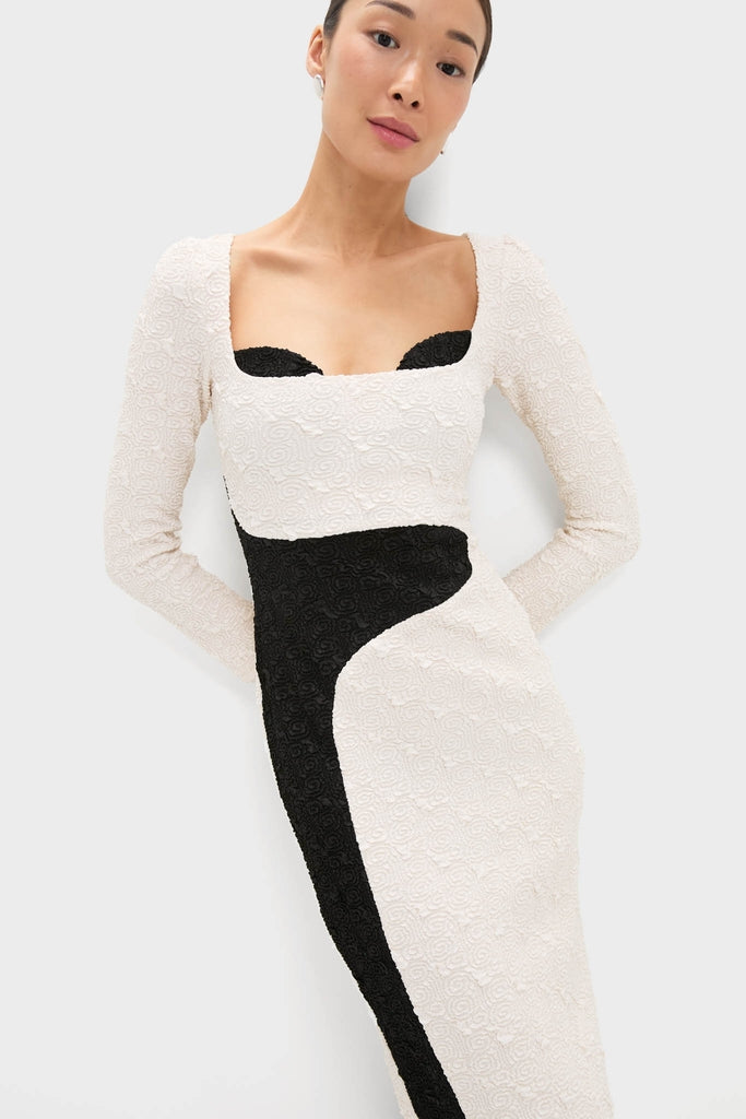Black and Ivory Paloma Long Sleeve Midi Dress-Get Girly