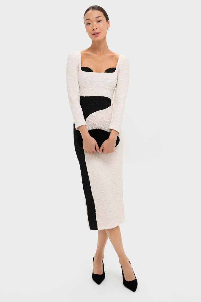 Black and Ivory Paloma Long Sleeve Midi Dress-Get Girly