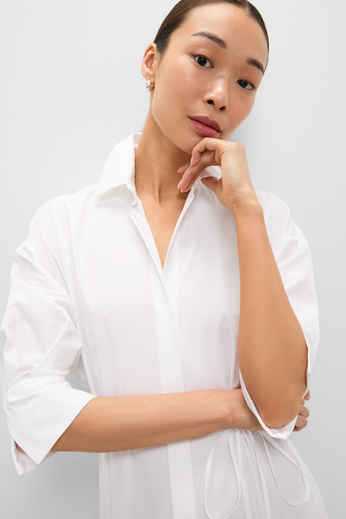 White Long Sleeve Midi Shirt Dress-Get Girly