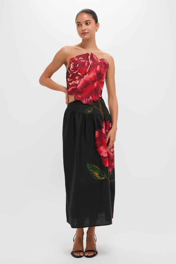Rosalia Placed Black Artisanal Strapless Midi Dress-Get Girly