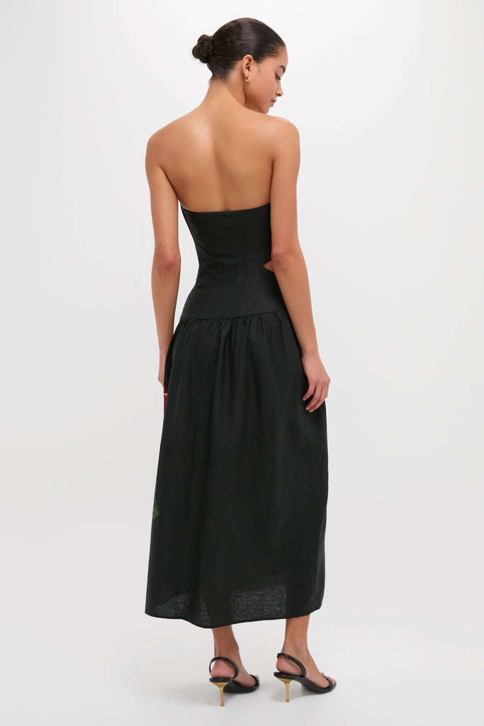 Rosalia Placed Black Artisanal Strapless Midi Dress-Get Girly