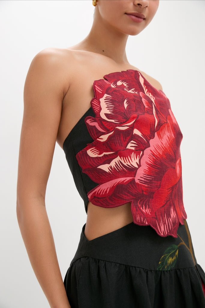 Rosalia Placed Black Artisanal Strapless Midi Dress-Get Girly