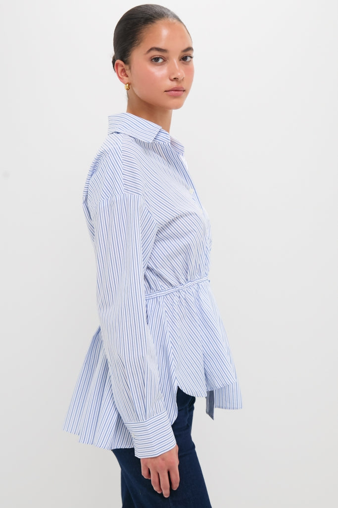 Blue Stripe Falling Off the Shoulder Shirt-Get Girly