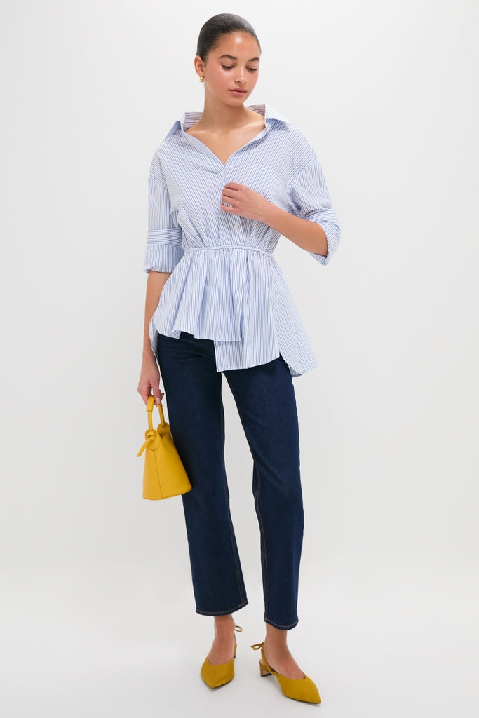 Blue Stripe Falling Off the Shoulder Shirt-Get Girly
