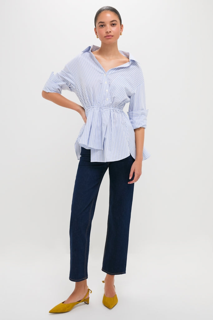 Blue Stripe Falling Off the Shoulder Shirt-Get Girly