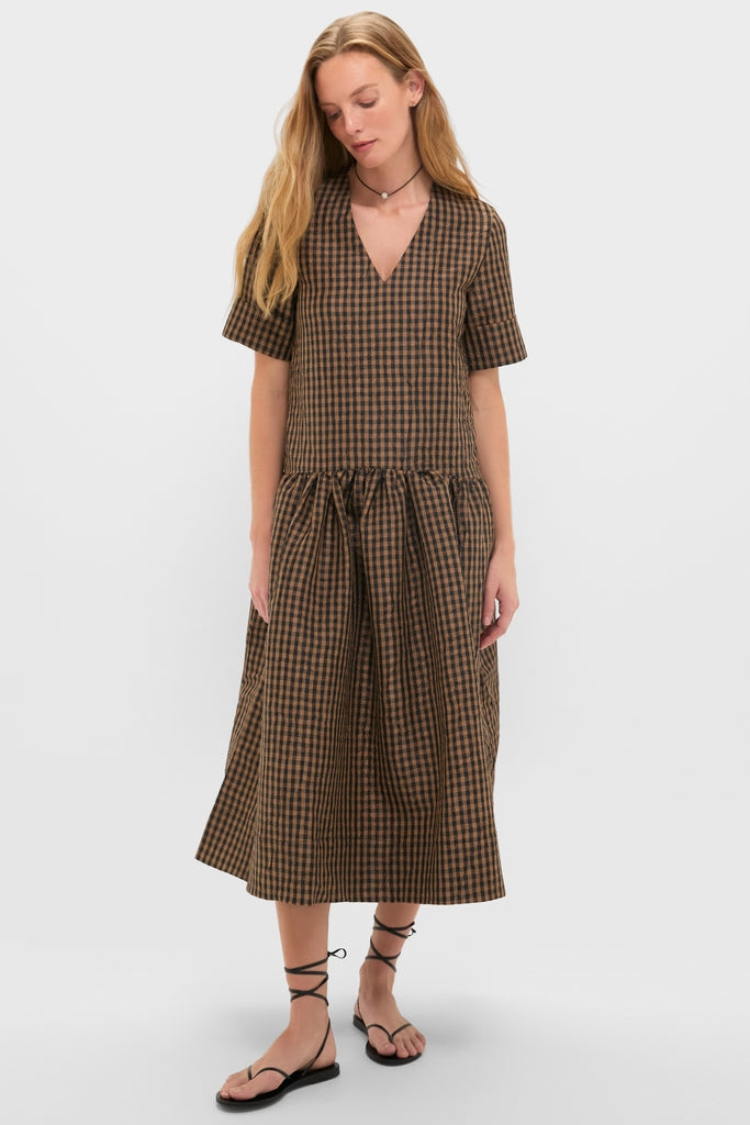 Tobacco Brown Crinkled Taffeta Check Long Dress-Get Girly