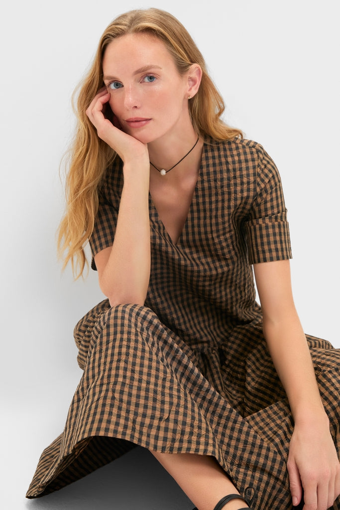 Tobacco Brown Crinkled Taffeta Check Long Dress-Get Girly