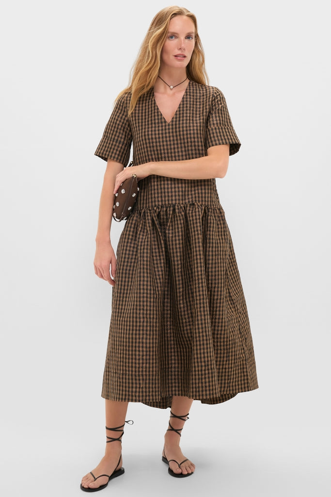 Tobacco Brown Crinkled Taffeta Check Long Dress-Get Girly
