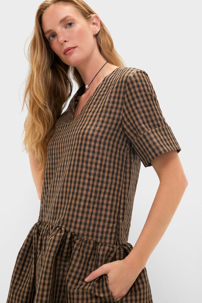 Tobacco Brown Crinkled Taffeta Check Long Dress-Get Girly