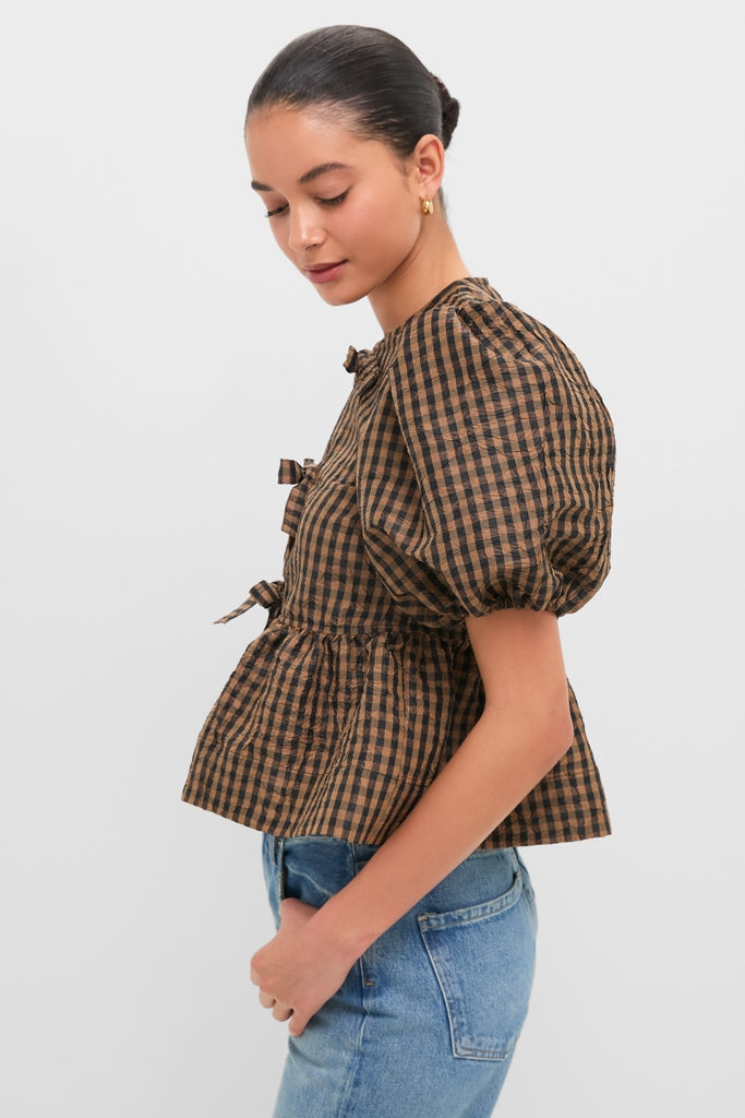 Tobacco Brown Crinkled Taffeta Check Peplum Blouse-Get Girly