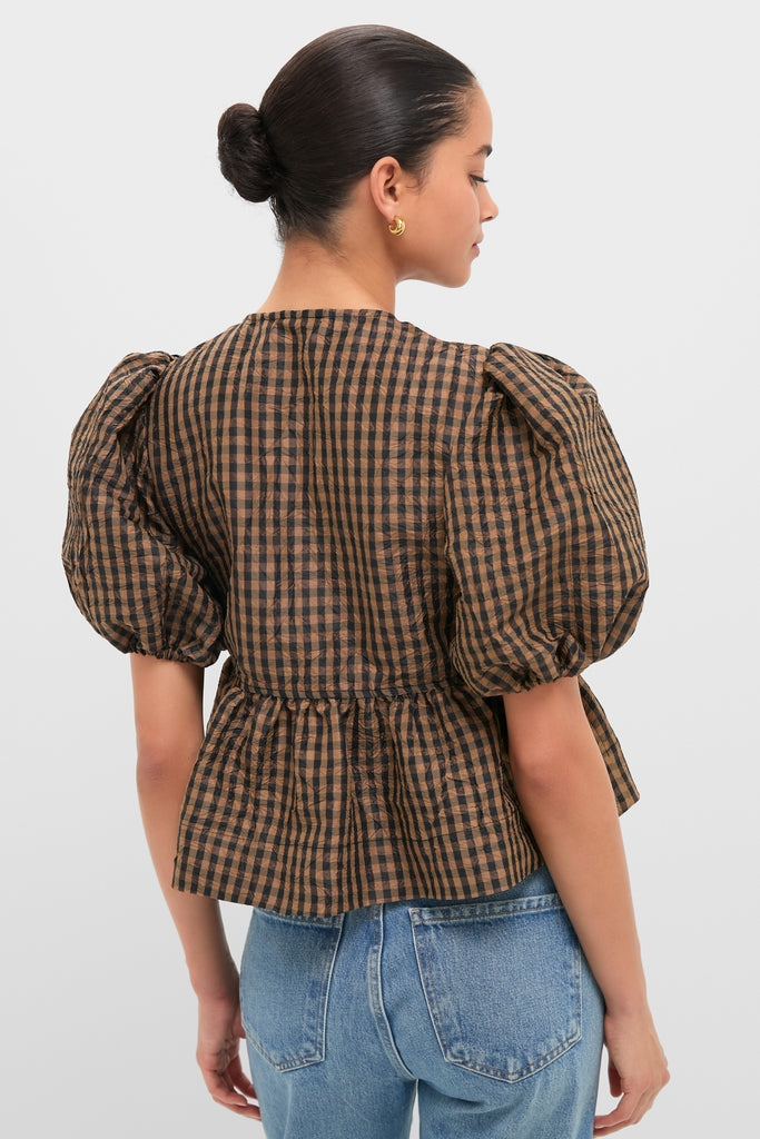 Tobacco Brown Crinkled Taffeta Check Peplum Blouse-Get Girly