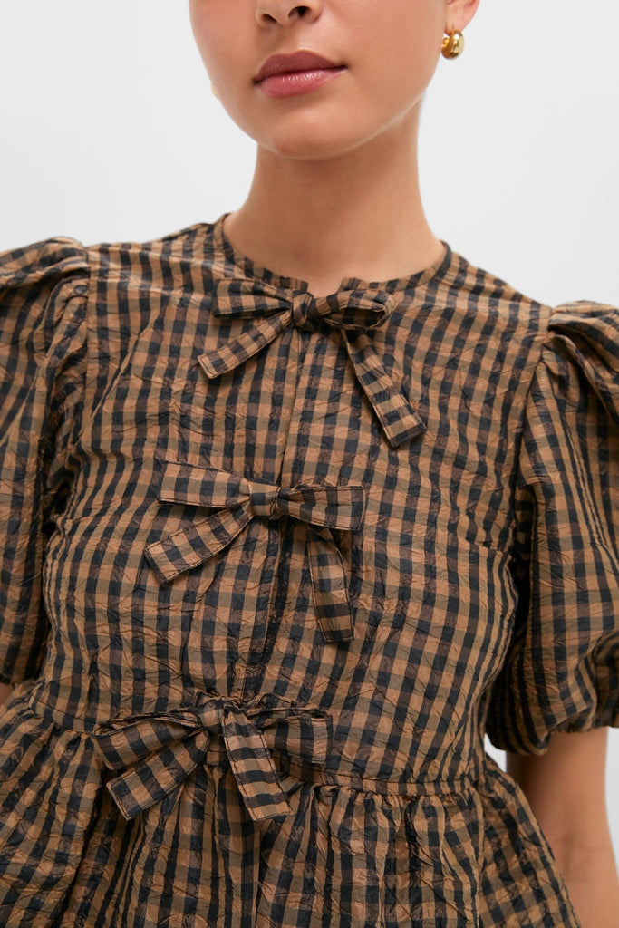 Tobacco Brown Crinkled Taffeta Check Peplum Blouse-Get Girly