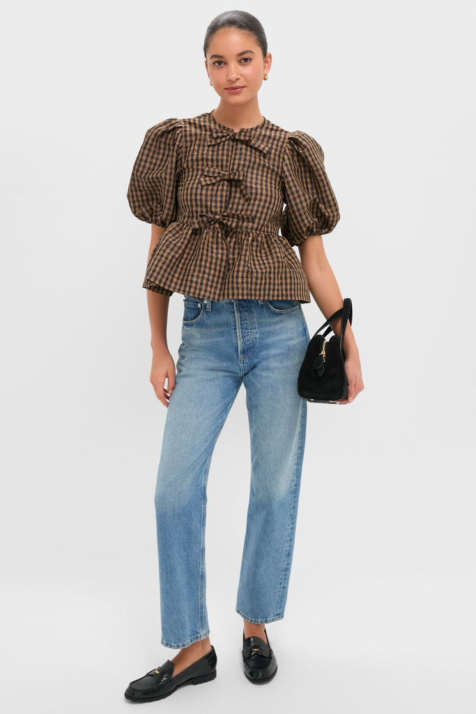 Tobacco Brown Crinkled Taffeta Check Peplum Blouse-Get Girly