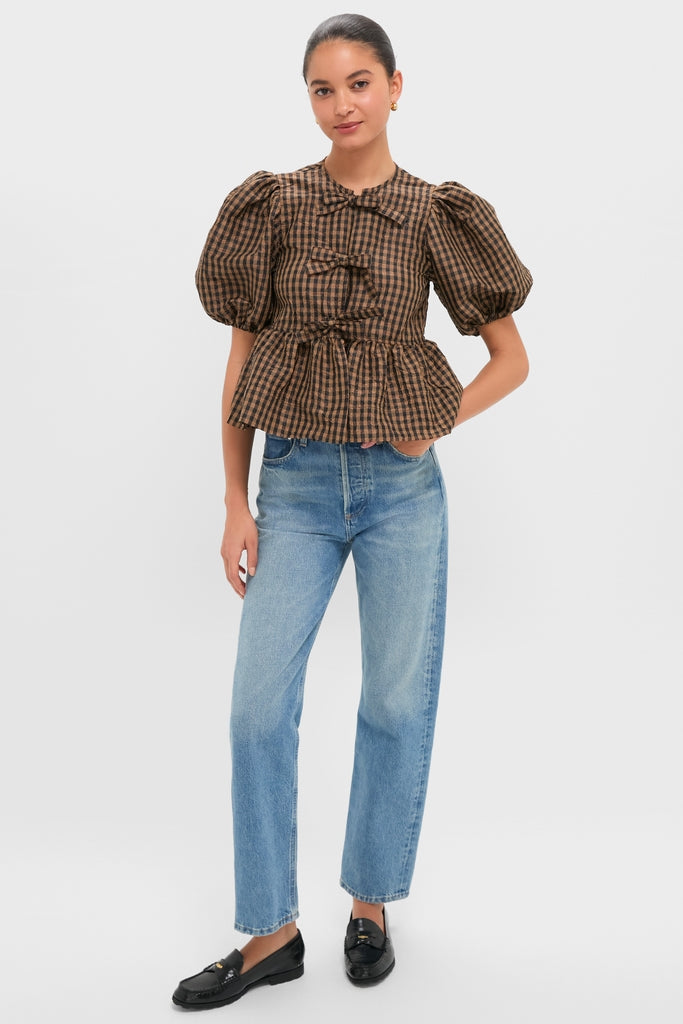Tobacco Brown Crinkled Taffeta Check Peplum Blouse-Get Girly