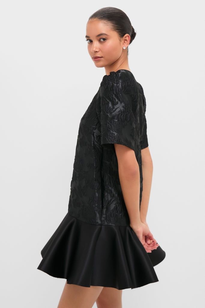 Black Satin Cloque Mini V-Neck Dress-Get Girly