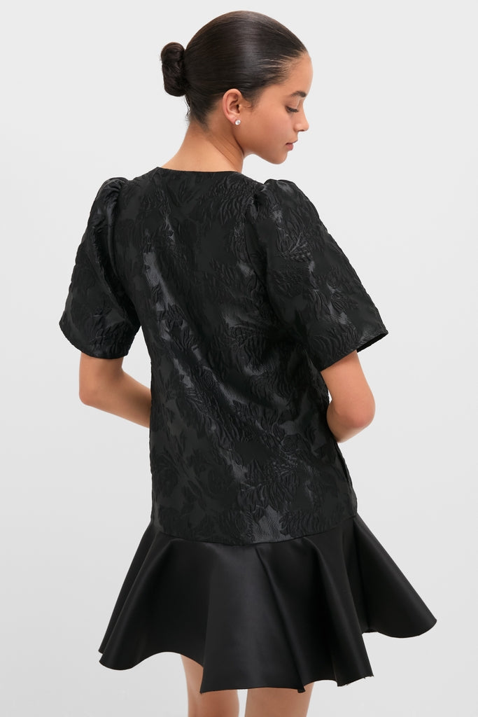 Black Satin Cloque Mini V-Neck Dress-Get Girly