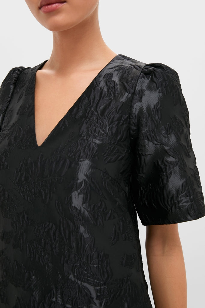 Black Satin Cloque Mini V-Neck Dress-Get Girly