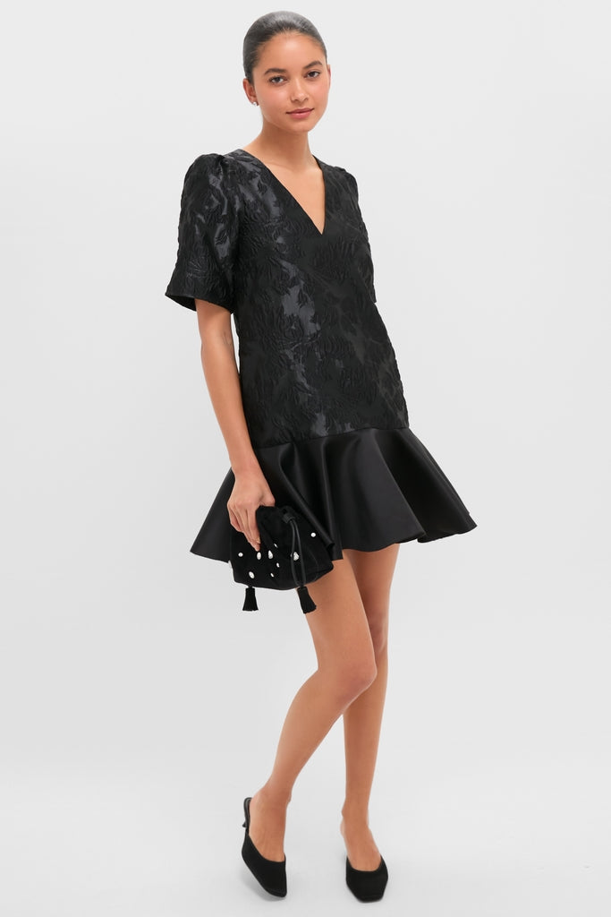 Black Satin Cloque Mini V-Neck Dress-Get Girly