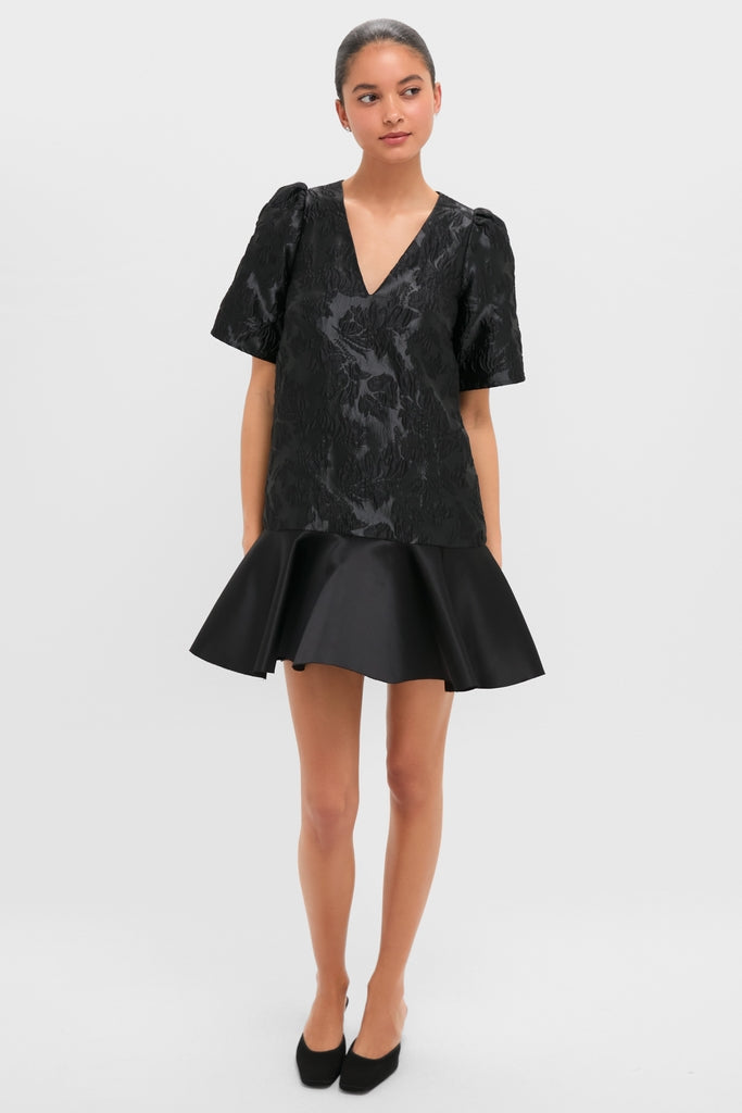 Black Satin Cloque Mini V-Neck Dress-Get Girly