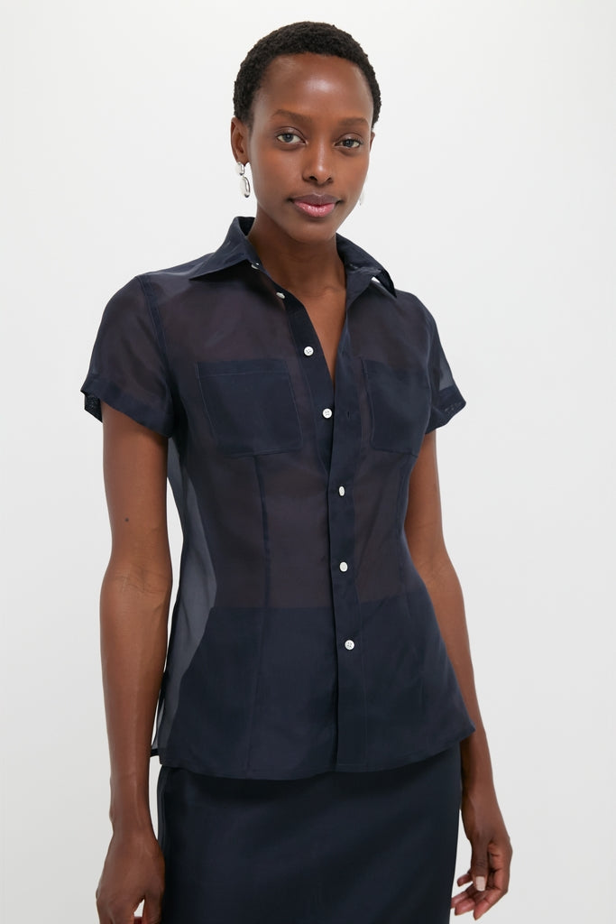 Atlantic Silk Organza Woven Short Sleeve Button Down-Get Girly