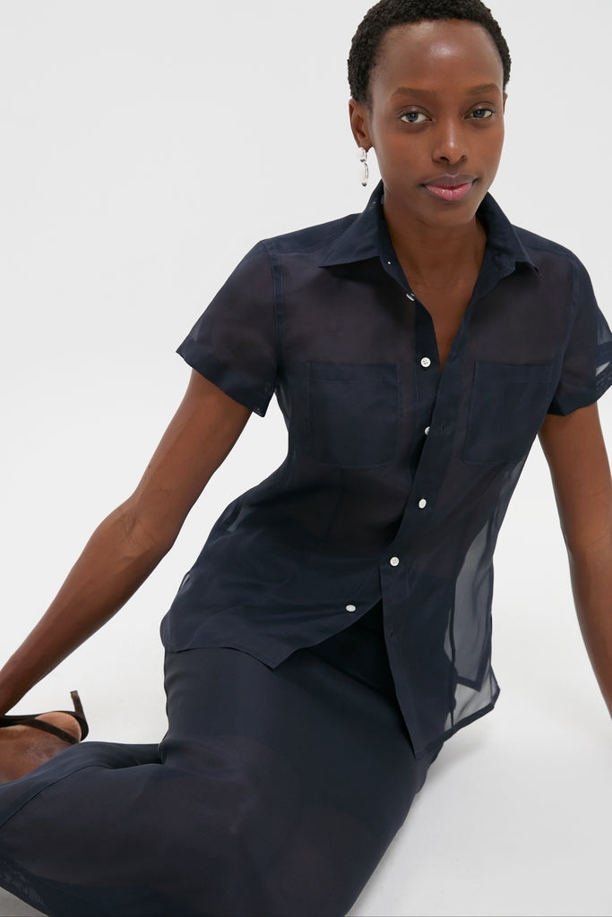 Atlantic Silk Organza Woven Short Sleeve Button Down-Get Girly