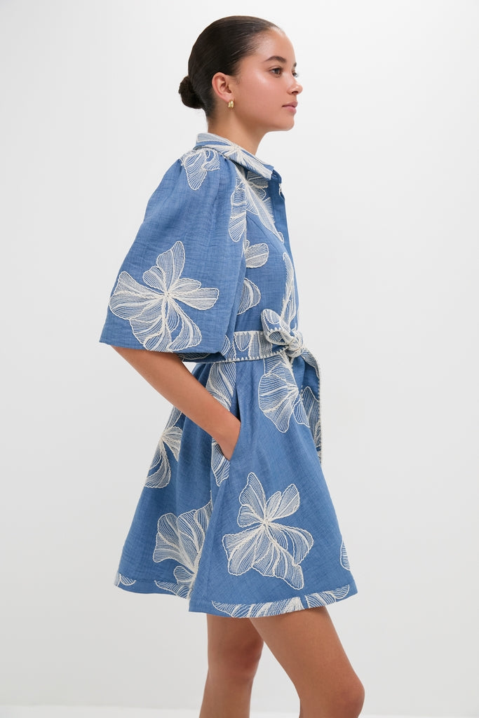 Chambray & Ivory Embroidery Cindy Mini Dress-Get Girly