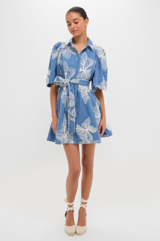 Chambray & Ivory Embroidery Cindy Mini Dress-Get Girly