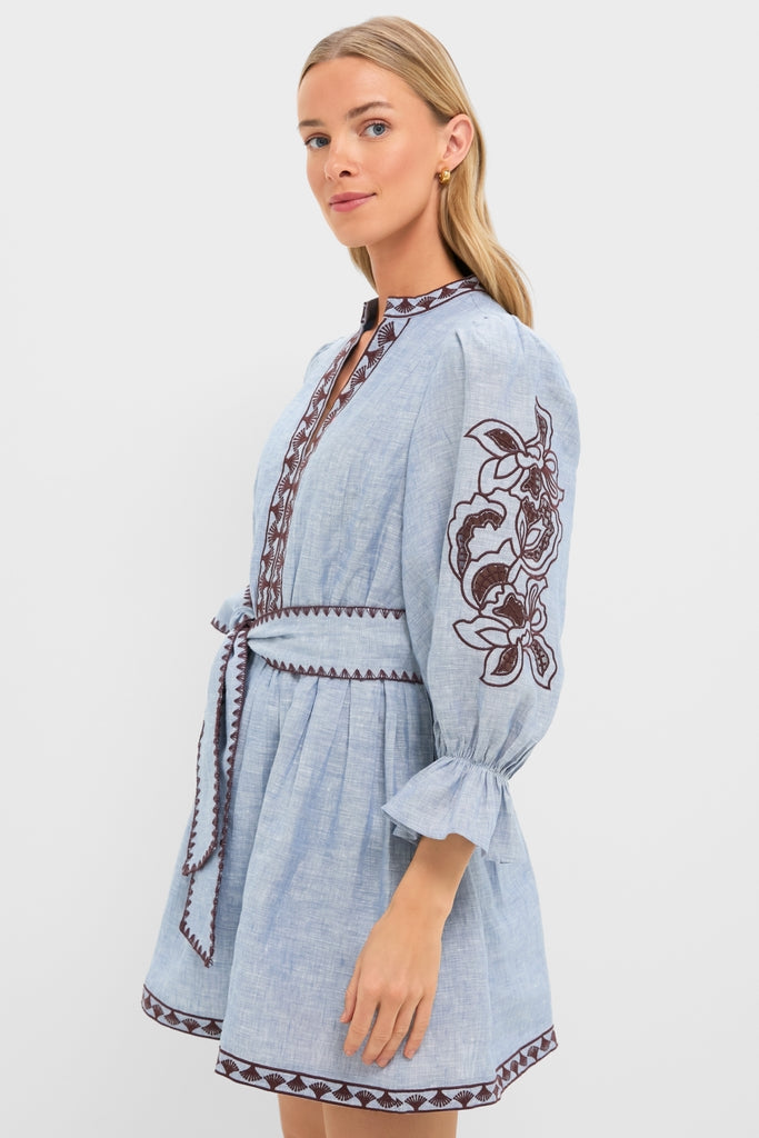 Chambray Embroidered Dowling Mini Dress-Get Girly
