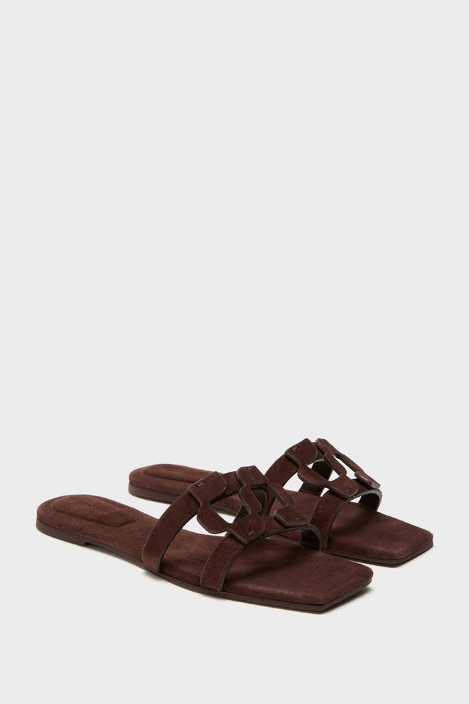 Cacao Simkhai Monogram Suede Flat Slides-Get Girly