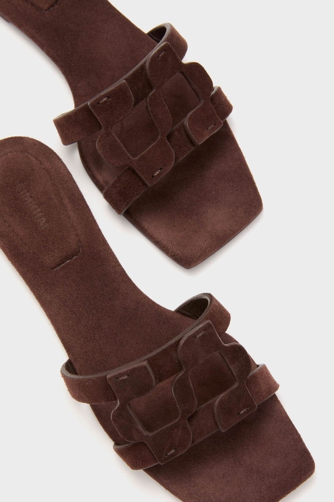 Cacao Simkhai Monogram Suede Flat Slides-Get Girly