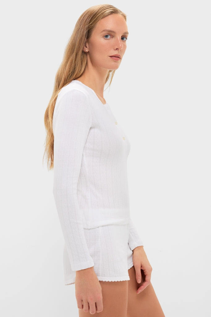 White Pointelle Long Sleeve Henley Tee-Get Girly