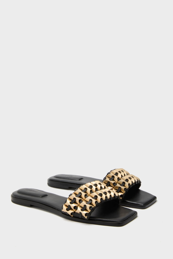 Black Faye Beaded Leather Flat Slides-Get Girly