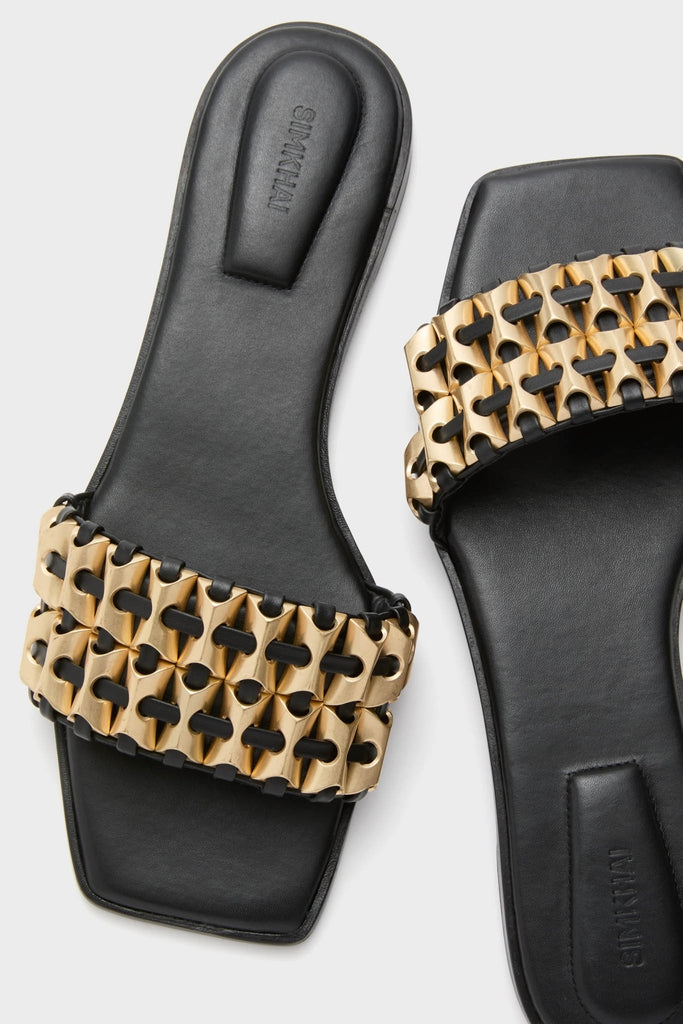 Black Faye Beaded Leather Flat Slides-Get Girly