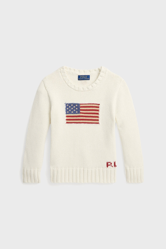 White Little Boys Flag Cotton Crewneck Sweater-Get Girly